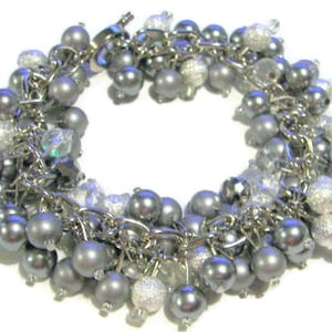 Cluster Bracelet Grey and Silver Pearls with Stardust Beads with Silver and Clear Crystals, Chunky Gray Pearl and Crystal Bracelet