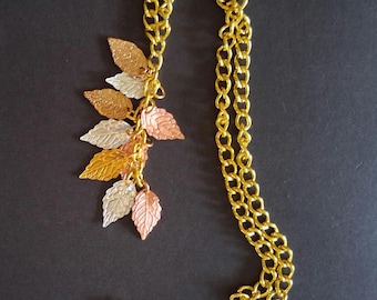 Tri-Color Dangling Leaf Cluster Necklace, Adjustable Chain (Gold/Silver)  Fall Fashion