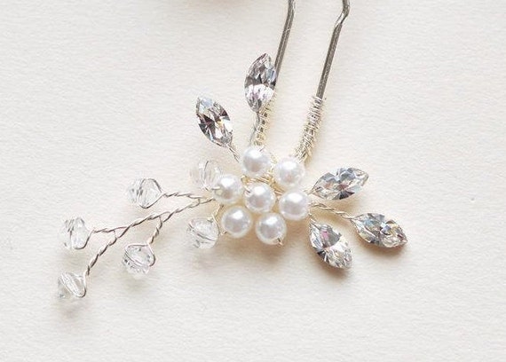 Swarovski Bridal Hair Pin Pearl Flower And Crystal Hair Etsy