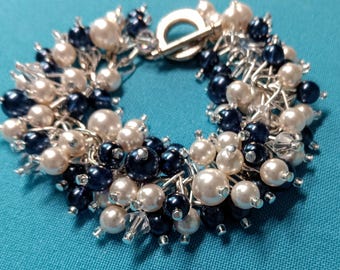 Navy, White and Clear Crystal Pearl Cluster Bracelet created with Swarovski Crystal Pearls and Crystals Wedding Jewelry