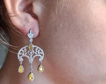 Chandelier Earring Yellow Crystal Teardrops: Silver Filigree Dangle Earrings
