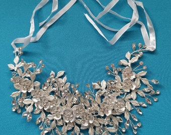 Silver Flower Wedding Headband/Necklace  Large Bridal Headpiece  Floral Wedding Back of Head Hair Jewelry Bridal Hair Vine, 2-inch-wide