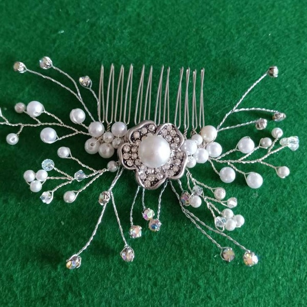 Bridal Headpiece Floral Pearl and Rhinestone Hair Comb pave flower embellished with a large center pearl and branches Bridesmaid hair comb