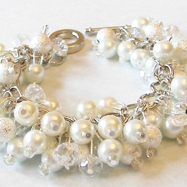 Bridal Pearl Cluster Bracelet created with Swarovski Pealrs, Silver Stardust Beads and Crystals Elegant Wedding Jewelry