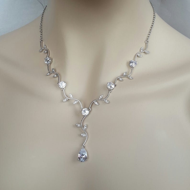 Bridal Jewelry SET leaf bridal necklace CZ necklace & | Etsy