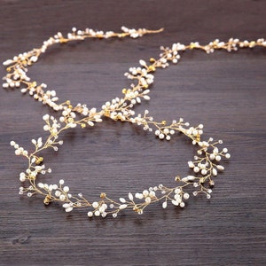 Gold Bridal Hair Vine Wedding Hair Jewelry, Handmade Pearl Crystal and Rhinestone Headpiece Bridal Headpiece  Bridesmaid Hair Vine