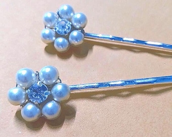 Bridal Hair Pins - Set of 2 Pearl and Rhinestone Flower Bobby Pins