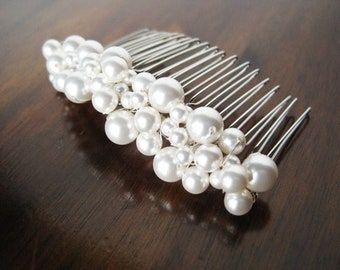 Swarovski Pearl Cluster Bridal Hair Comb: Silver Wedding Hair Accessory  Choice of pearl color