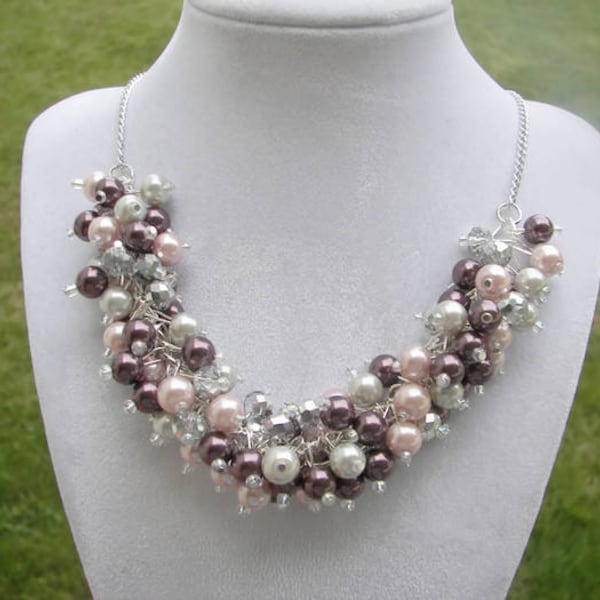 Bridesmaid Necklace  AAA Premium Burgundy (Plum), Pink and Silver Pearls with Crystals, Chunky Pearl Necklace Plum Wedding Bridesmaid Gift