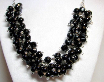 Handmade Black Pearl and Crystal Cluster Necklace  Goth Wedding Jewelry  Black Tie Affair Jewelry Chunky Black Beaded  Bridesmaid Necklace