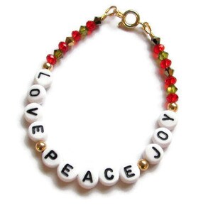 Christmas Beaded Bracelet: Love Peace Joy, Red Green Crystal Jewelry image 4