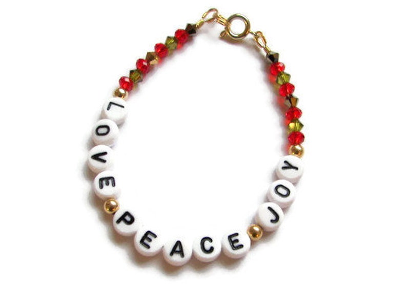Christmas Beaded Bracelet: Love Peace Joy, Red Green Crystal Jewelry image 4