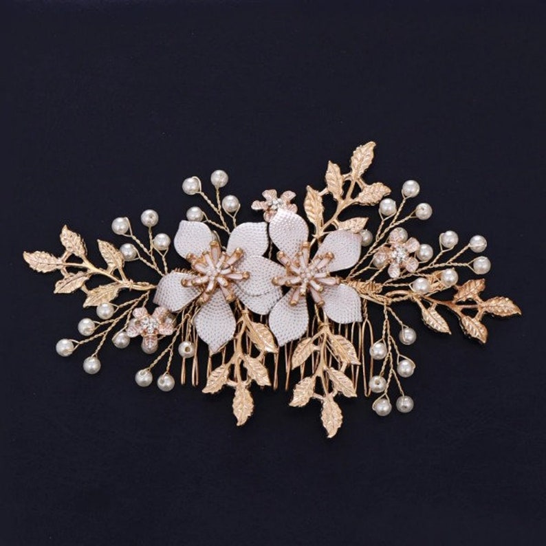 Wedding Hair Accessories Gold Floral Hair Comb Pearl Headdress Etsy