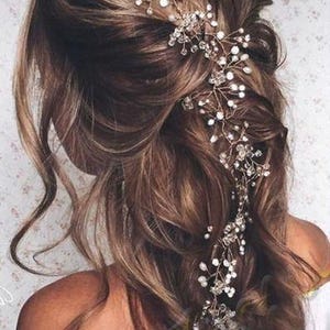 Long Silver Bridal Hair Vine Wedding Hair Accessories White Pearl Crystal and Rhinestone Handmade  Wedding Hair Vine, Bridal BOHO hair vine