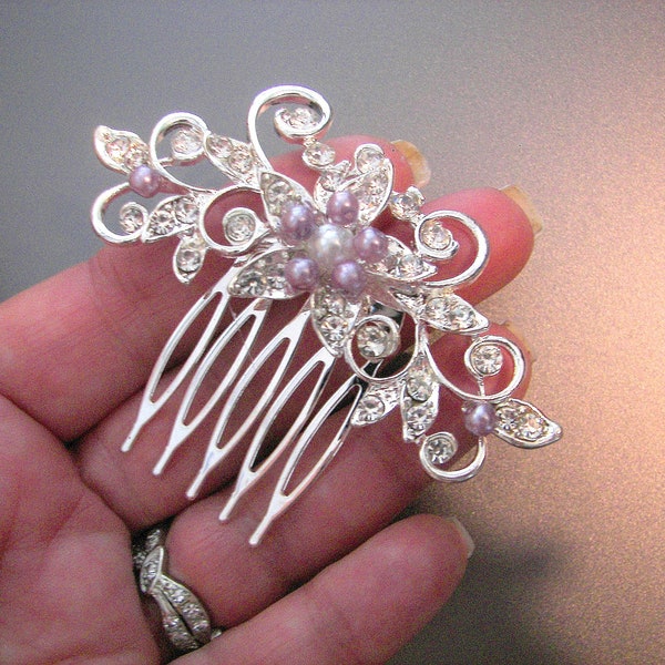 Wedding Hair Comb Purple and White Pearl Floral Silver Hair Comb for Bride. Bridesmaid, Maid of Honor, Flower Girl, Mother of Bride/Groom