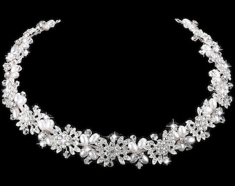 Silver Crystal Bridal Headband: Pearl Flower Hair Vine, Bridesmaid Halo