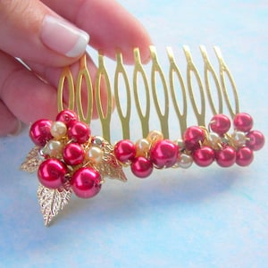 Red Pearl Gold Leaf Hair Comb: Christmas Wedding Headpiece
