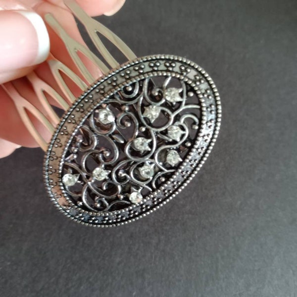 Filigreed Silver Hair Comb Oval Disc Victorian Style Hair Accessories Wedding Hair Jewelry Marcasite look hair comb Small Silver Hair Comb