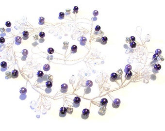 Handmade Bridal Hair Vine Purple Pearls Rhinestones and Clear Crystal Wedding Headpiece Flower Girl Halo Bridal Hair Accessory Wedding Hair