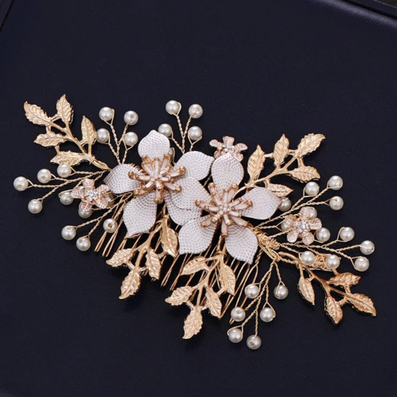 Wedding Hair Accessories Gold Floral Hair Comb Pearl Headdress Etsy
