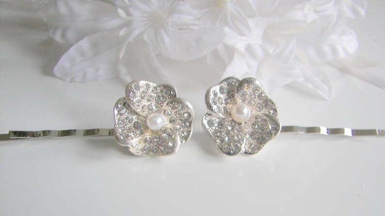 Wedding Hair Pins Silver Flower Bobby Pins Pave Flower and Pearl Hair Clips Flower Girl Hair Pins 2 Bridal Hair Pins Fancy Bobby Pins