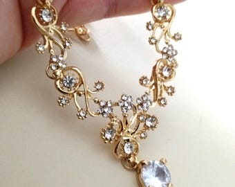 Wedding Jewelry Gold and Rhinestone Bridal Jewelry Set: Floral Swirl Necklace & Earrings Bridesmaid Gift