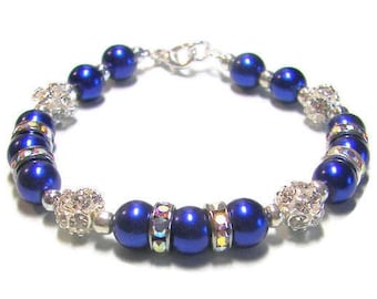 Lapis Blue Pearl Bracelet: Rhinestone Fireball Jewelry Gift