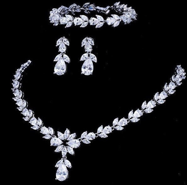 CZ Silver Bridal Jewelry Set Wedding Jewelry Necklace Earring Etsy