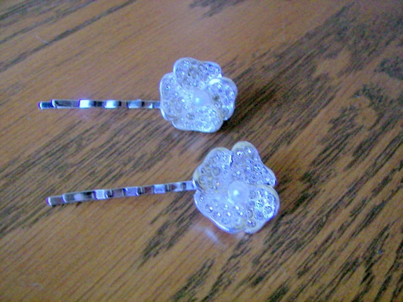 Wedding Hair Pins Silver Flower Bobby Pins Pave Flower and Pearl Hair Clips Flower Girl Hair Pins 2 Bridal Hair Pins Fancy Bobby Pins