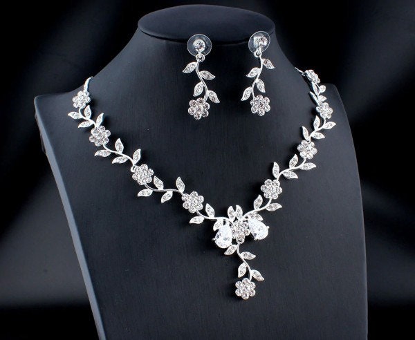 Prom Necklace Earrings Silver Wedding Earrings for Brides Wedding Necklace for Women Girls 