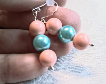 Pink Coral & Turquoise Pearl Earrings: Sterling Silver Dangle Earrings