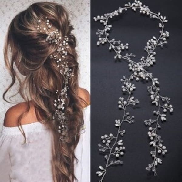 Long Silver Bridal Hair Vine Wedding Hair Accessory White Pearl Crystal and Rhinestone Handmade  Wedding Hair Vine, Bridal BOHO hair vine