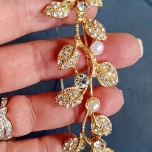 Gold Bridal/Bridesmaid Headband Pearl and Leaves, Vine like Rhinestone Encrusted leaf  headpiece, Wedding Hair Jewelry Fall Special occasion