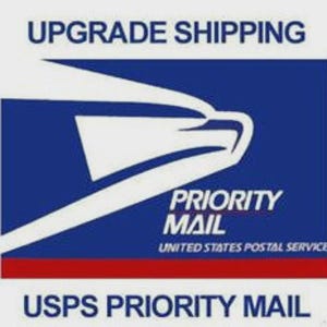 May include: A blue and white graphic featuring the stylized white eagle head logo of the United States Postal Service. The text reads UPGRADE SHIPPING, PRIORITY MAIL, UNITED STATES POSTAL SERVICE, and USPS PRIORITY MAIL in bold blue and white lettering.