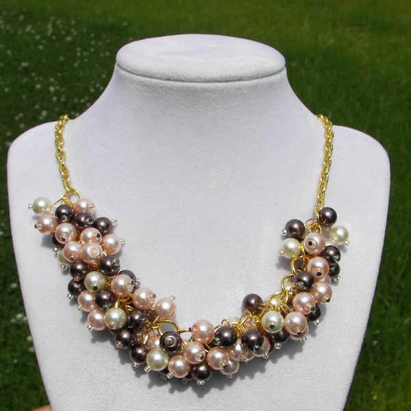 Ivory, Pink and Dark Brown Pearl Necklace, Chunky Bridesmaid Necklace, Pearl Cluster Necklace,  Fall Wedding Jewelry, Pink and Brown Jewelry