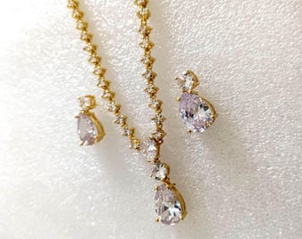 Gold Teardrop CZ Wedding Jewelry Set: Necklace and Earrings for Bride Mother of the Bride/Groom Gift