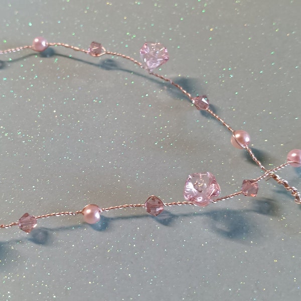 Pink Crystal Flower Hair Vine, Pink pearl, crystal and flower headband, halo, bracelet, necklace, bridesmaid hair jewelry simple and elegant