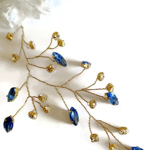 Wedding Hair Accessories Blue Crystal Leaves and Gold Rhinestone Hair Vine  Many Colors &quot;Something Blue&quot; Hair Accessories Wedding Headpiece