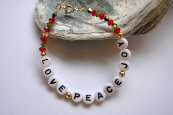 Christmas Beaded Bracelet: Love Peace Joy, Red Green Crystal Jewelry