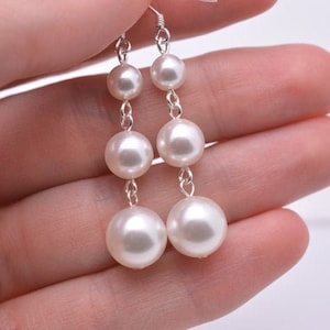 Triple Pearl Dangle Earrings Wedding Earrings Bridal Bridesmaid Mother of the Bride/Groom Pearl and Sterling Wedding Jewelry Many colors