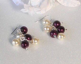 Burgundy and Cream Pearl Cluster Earrings Wine and Ivory Pearl Dangle Earrings, Winter Wedding Jewelry Bridesmaids  Mother of the Bride Gift