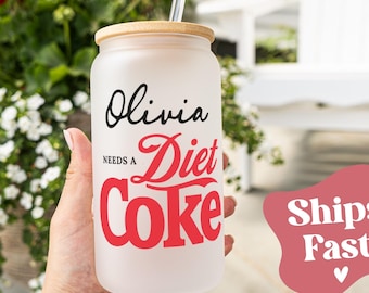 Personalized Diet Coke Glass Tumbler with Straw, Custom Soda Lover Gift