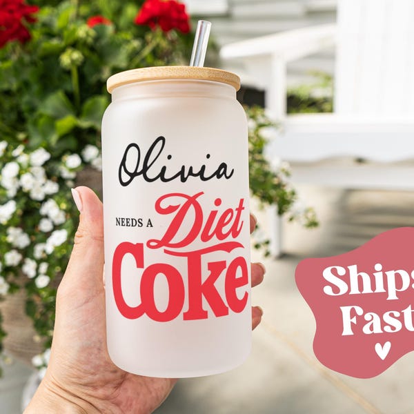 Personalized Diet Coke Glass Tumbler with Straw, Custom Soda Lover Gift