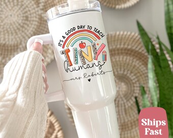 Personalized Teacher Tumbler, Rainbow Teach Tiny Humans Cup, Teacher Appreciation Gift