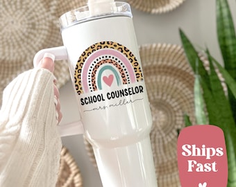 Personalized School Counselor Tumbler, Rainbow Teacher Gift, Insulated Coffee Mug