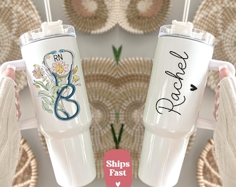 Personalized RN Nurse Tumbler, Floral Stethoscope Cup, Custom Name Gift