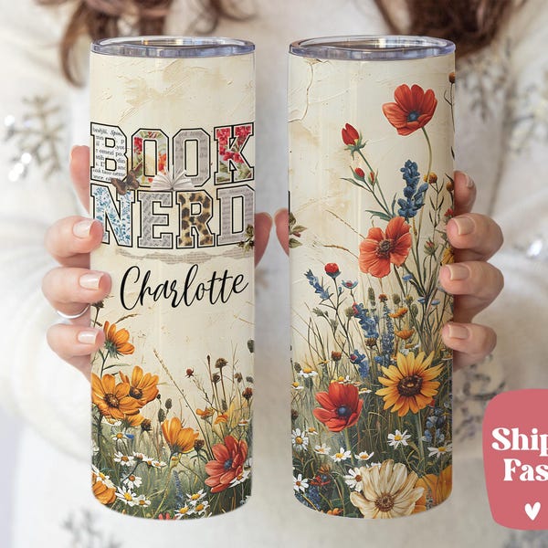 Personalized Book Nerd Tumbler, Floral Stainless Steel Reader Coffee Travel Mug