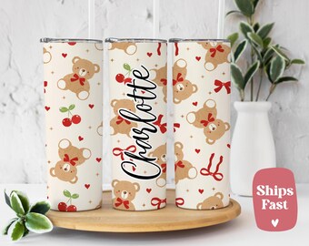 Personalized Teddy Bear Tumbler | Coquette Bow Stainless Steel Travel Mug