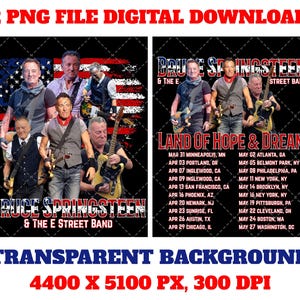 Puede incluir: Descarga digital con Bruce Springsteen y la E Street Band. El diseño incluye a los miembros de la banda, la bandera estadounidense y las fechas de la gira. El texto dice "Bruce Springsteen & The E Street Band" y "Land of Hope & Dream."