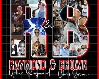 May include: A digital graphic featuring the letters "RB" filled with images of Usher and Chris Brown. The words "RAYMOND & BROWN" and the artists' names are below. The background is black with a red border and grid lines.